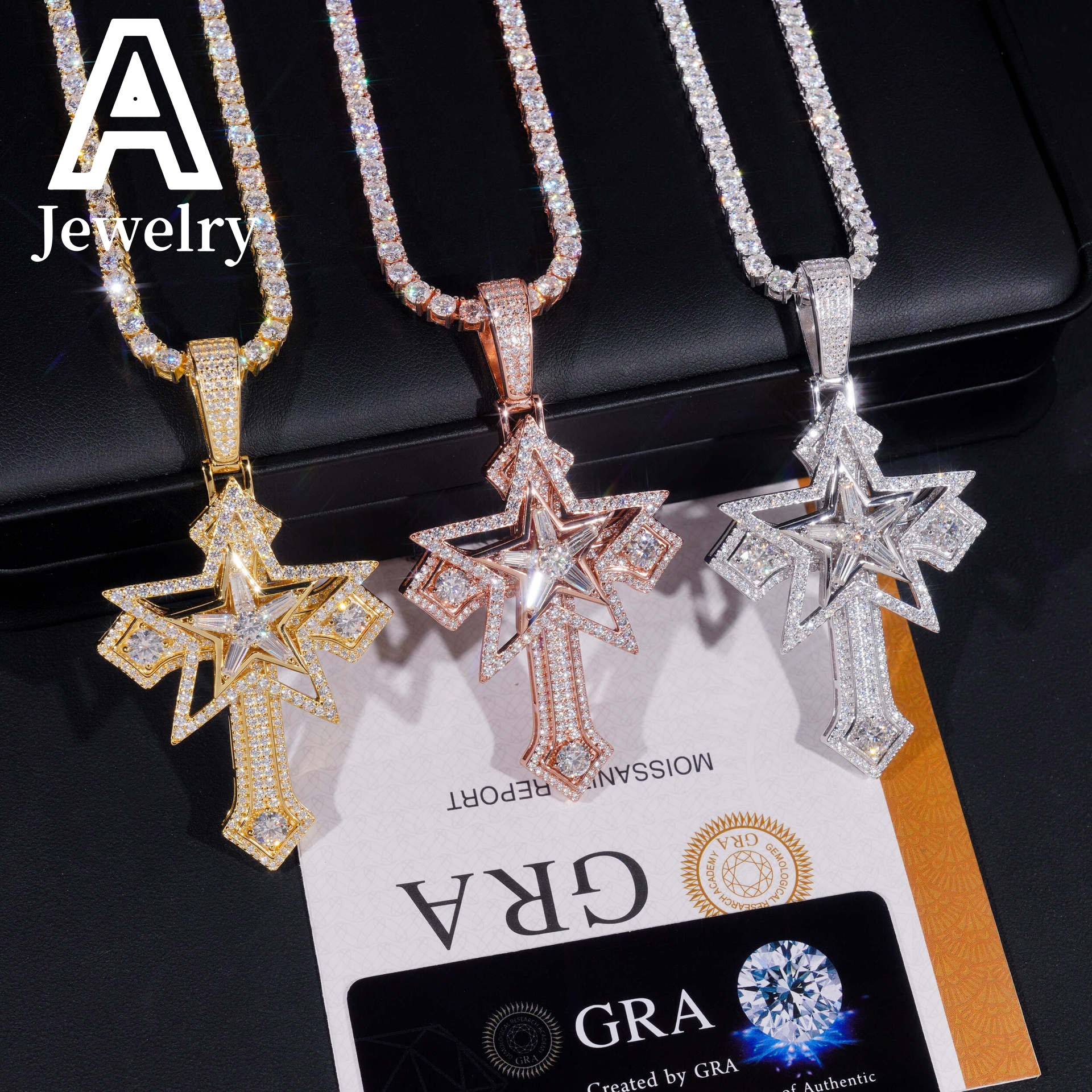 New Arrivals 925 Silver Hip hop jewelry moissanite diamond cross pendant 5 Pointed Star charm iced out cross pendant