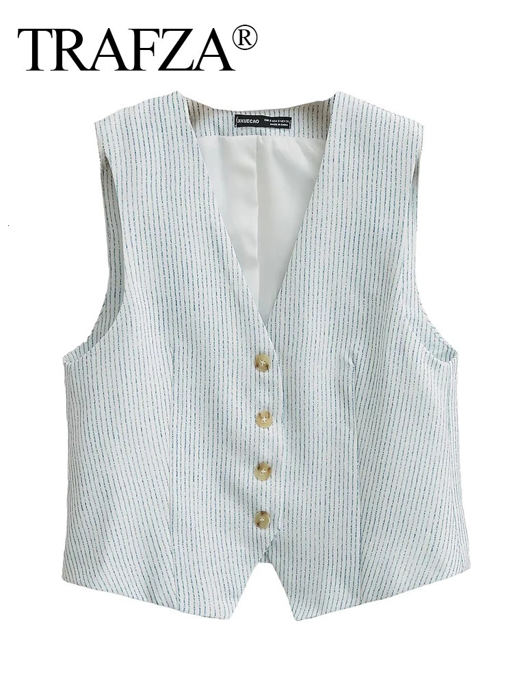 TRAFZA Womens Casual Striped Tank Top Short 2024 Elegant Vneck Single Chest Pocket TopHigh Waist Weight Loss Street Set 250322