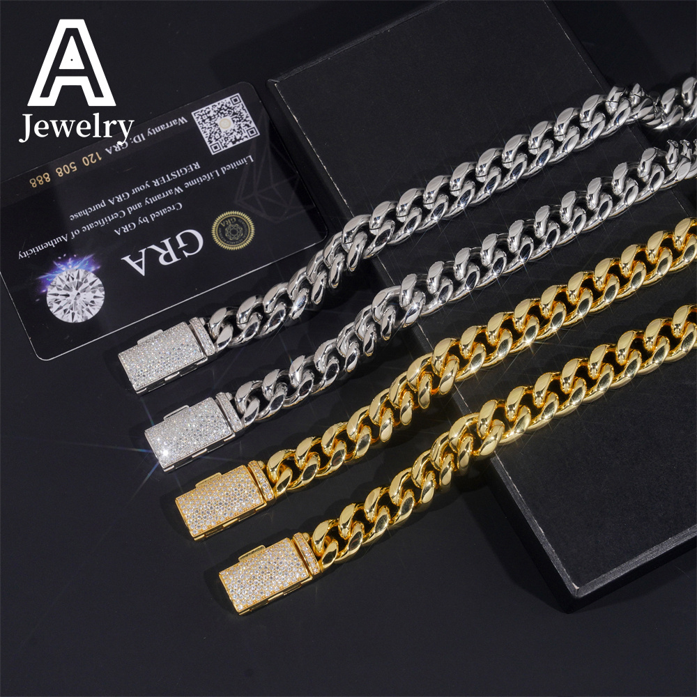 Hip Hop 12mm Wide 316L Stainless Steel Cuban Chains 925 Silver VVS Moissanite Lock Fashion Men Necklace Bracelet