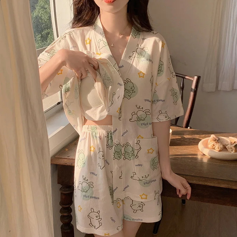 Korean pajama set womens summer casual wear pajama sweet collar Kawaii bear print pajama Japanese family set 250321