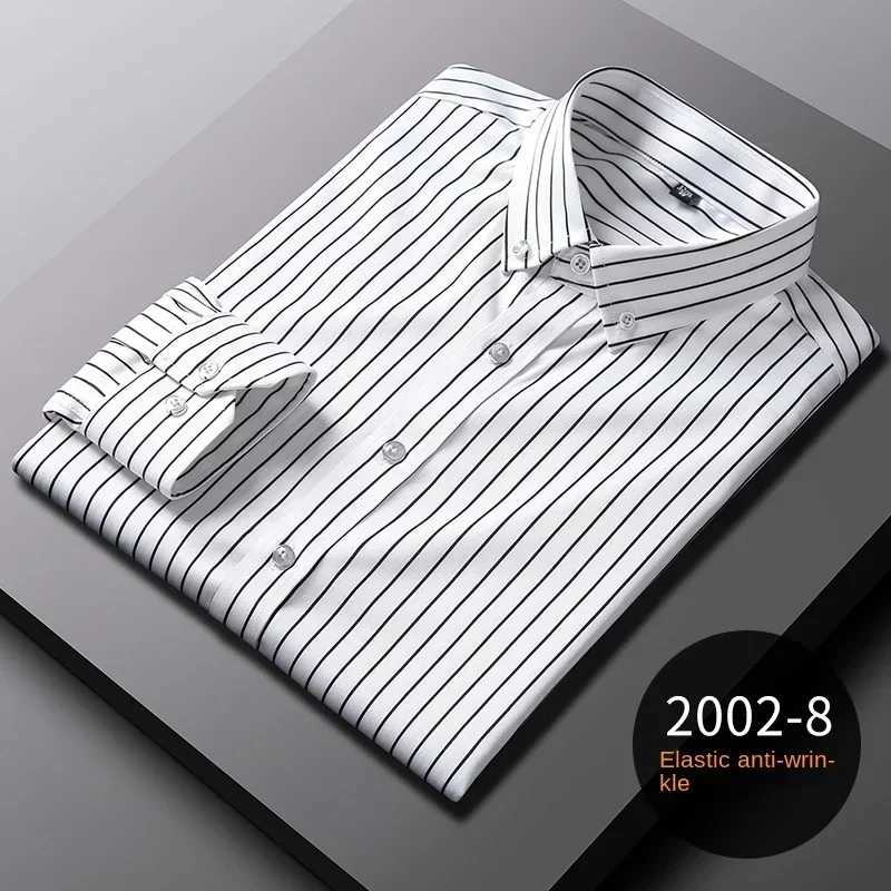 The new elastic vertical stripe can be a long sleeping mens shirt in all seasons slim non ironing wrinkle resistant shirt X250324