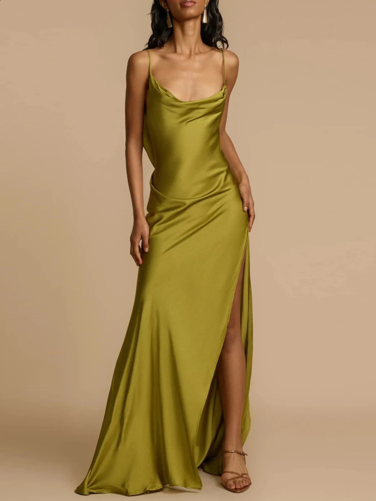 Drauuing Womens Summer Green Seam Long Dress Fashion Backless Hollow Skirt Pendant Satin Vestdos 250322
