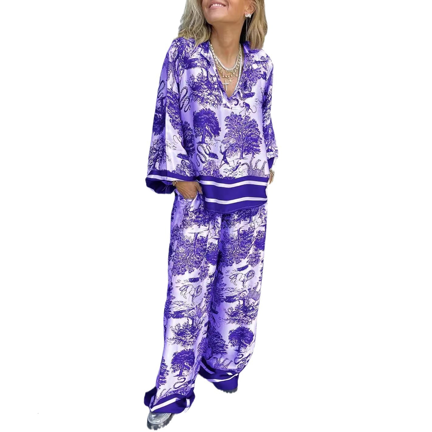 2024 fashionista V-neck printed long sleeved pocket casual women's suit