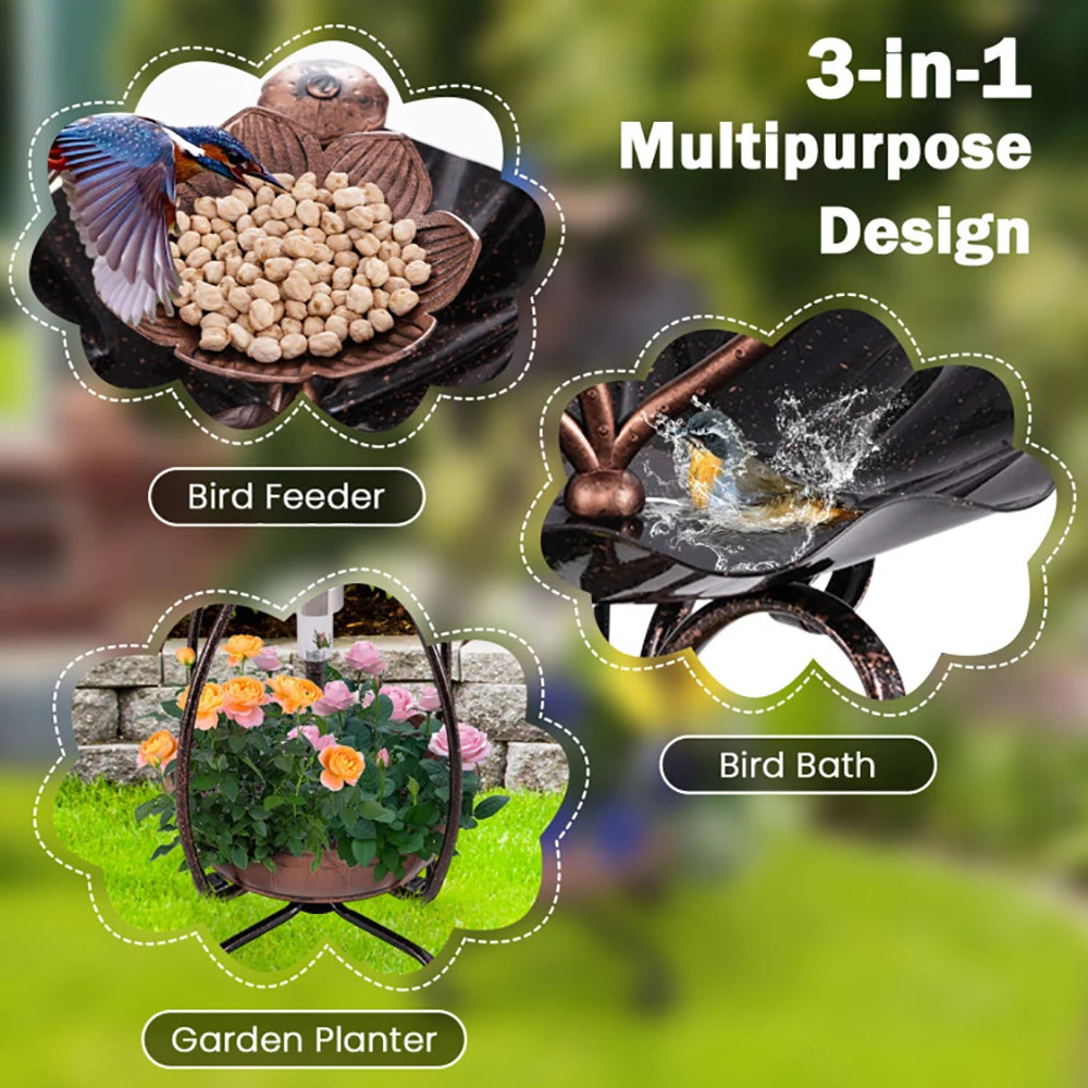 1 pc Solar Outdoor Bird Bath Feeder Combo with Flower Planter Pedestal and Lights 250320