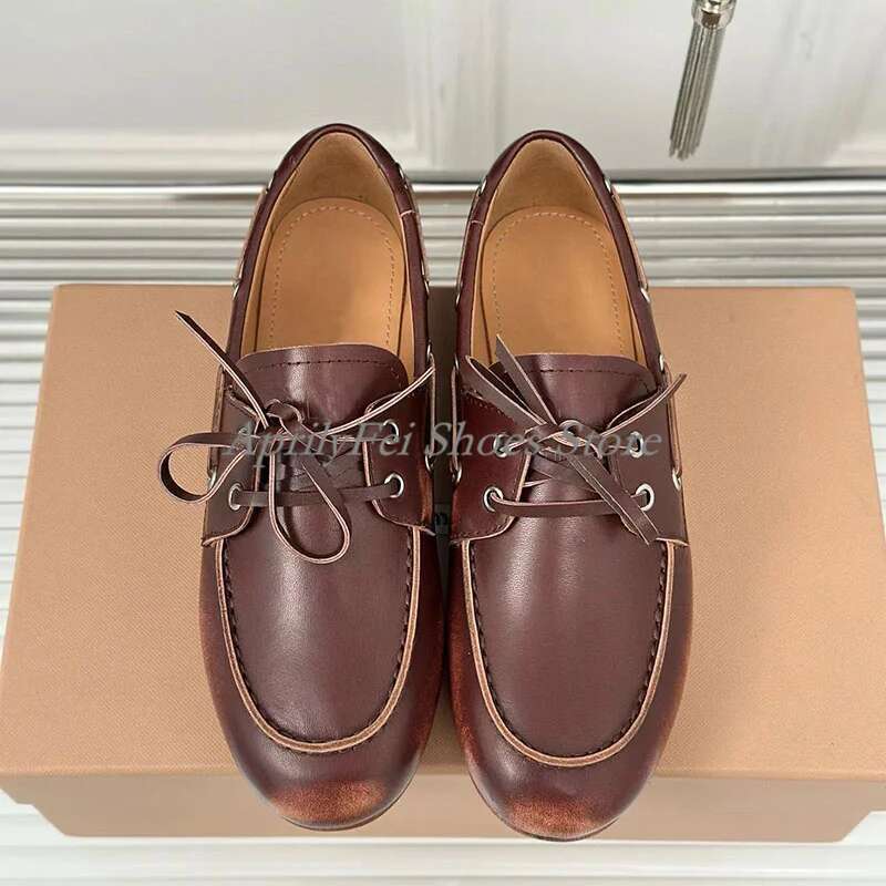 Holiday Walk Shoes Knots Flats Loafers Women Vintage Brown Cow Leather Comfortable Designer Mocasines Socialite Boat Shoe Runway