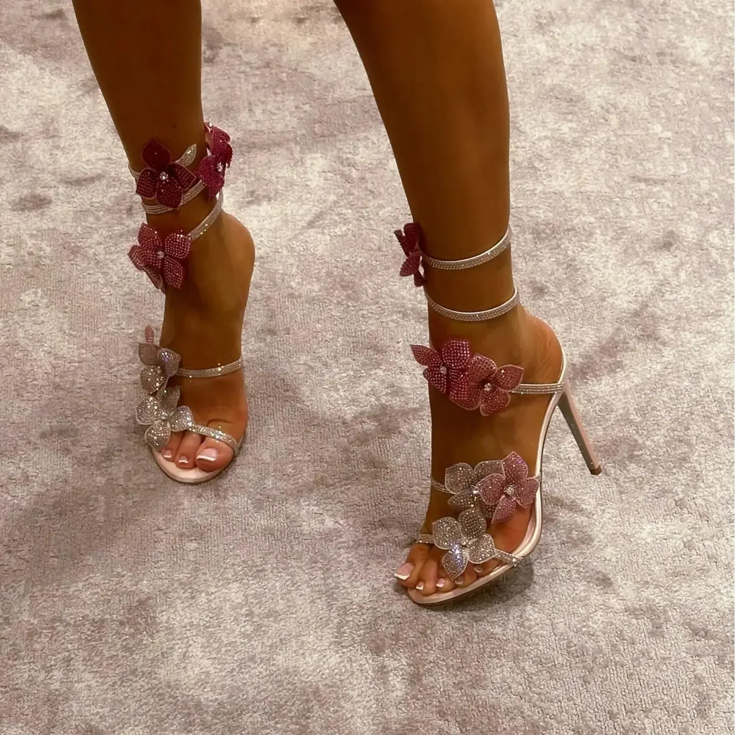 CHMURY Pink Flower Rhinestone High Heels Sandals Shoes Sexy Rose Red er with Wrap Strap for Women Prom Party 250322