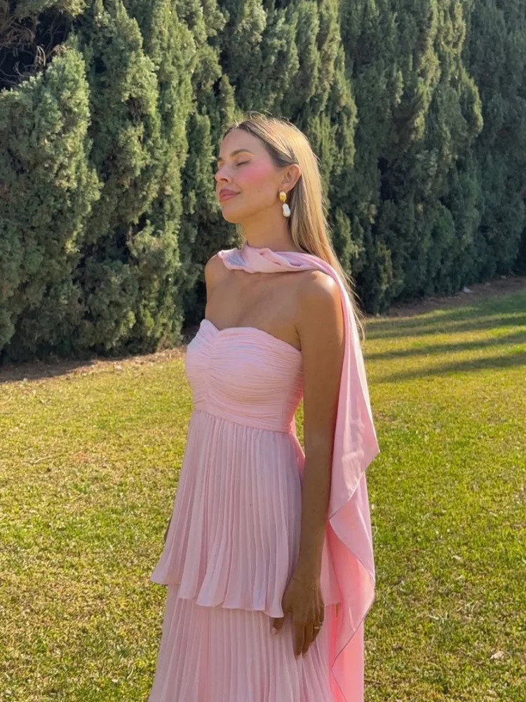 Sexy Pink Scarf Collar Shoulder Fold Edge length Dress Fashionable Sleeveless High Waist Long Party Evening 250324