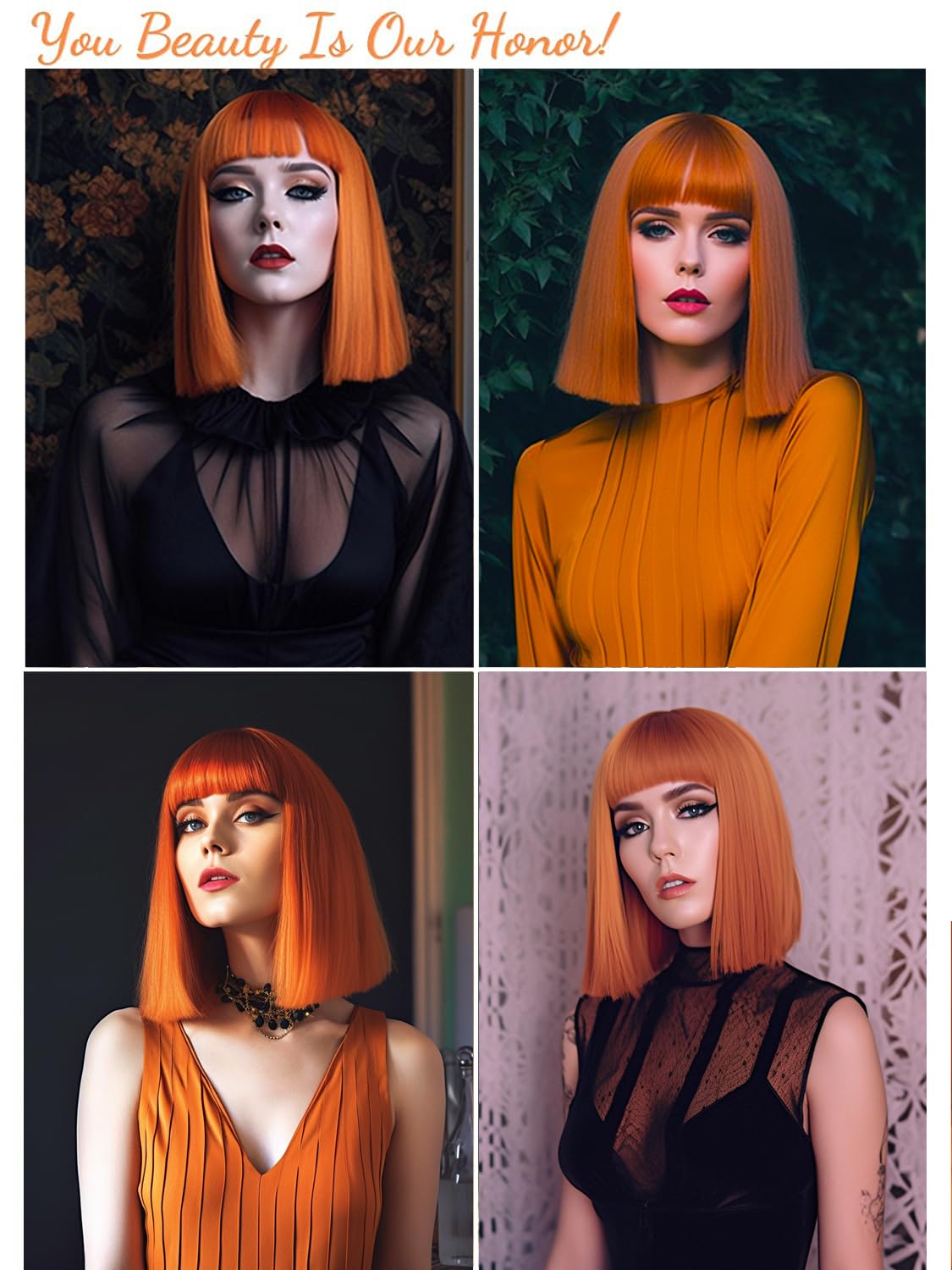 Short Orange Bob Wigs with Bangs,Short Straight Bob Orange Wigs for Women Hair Bob Cut Wig Shoulder Length Wig,Natural Looking Cosplay Daily Party Wig