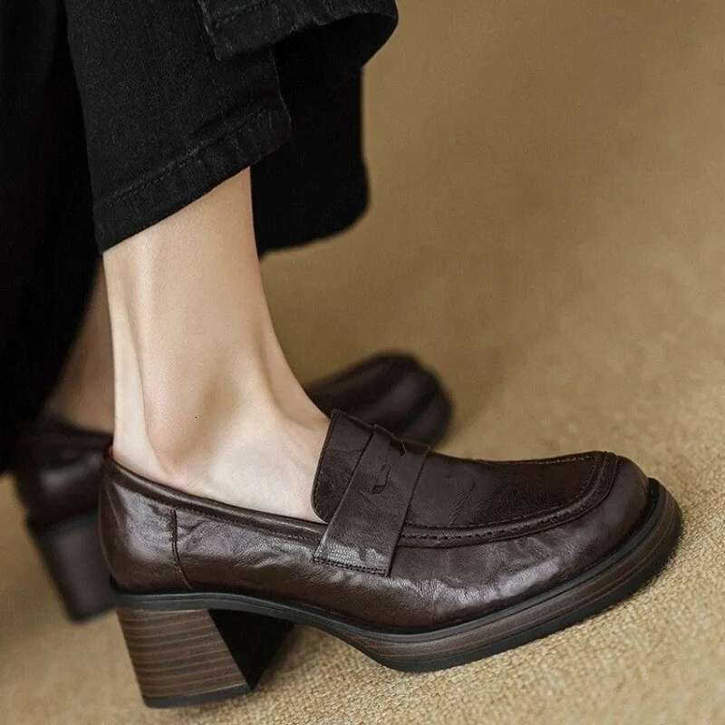 Thick Square with 6 Cm Single Shoe Women's French Sheepskin Loafers Vintage High-heeled Small Leather Shoes