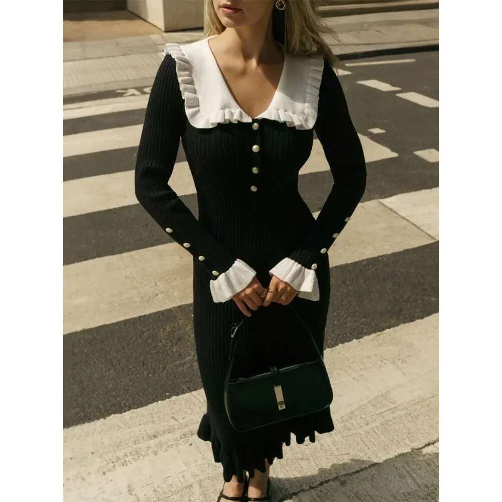 Tossy Ruffled Patchwork Knit Maxi For Women Elegant Ribbed Sleeve Party Gown Slim Knitwear Fashion Long Dress