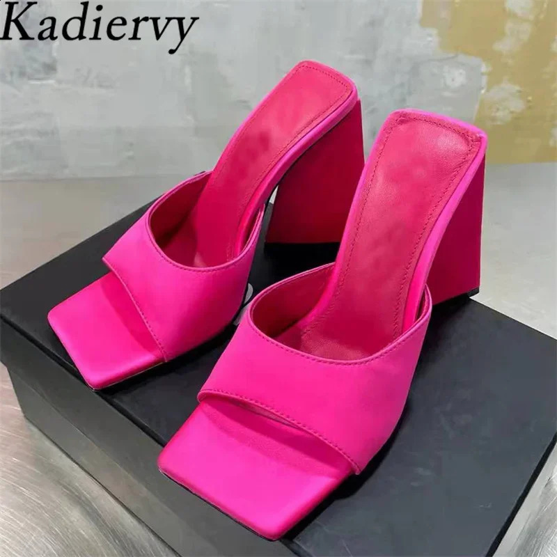 Square Heels Slipper Woman Satin Square Peep Toe Sandals Woman Summer Mules High Heels Runway Shoes Modern Slippers Women 250322