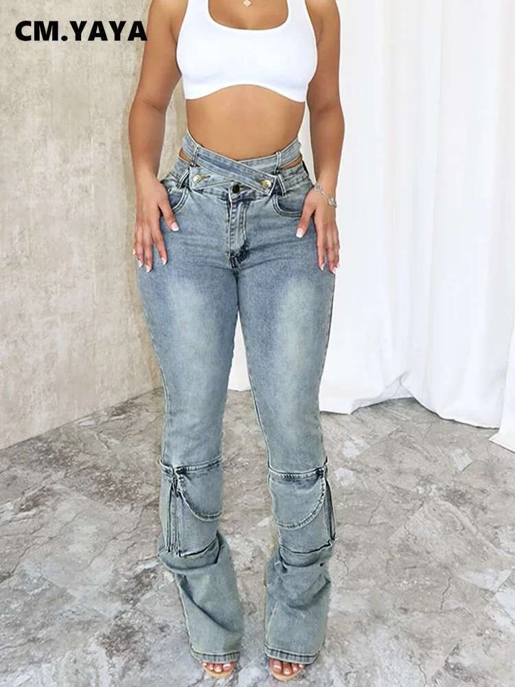 Cm.Yaya Women Streetwear Fashion Pocket Zipper Fly Denim Pants 2024 Washed Pencil Cross Waist Safari Style Cargo Wide Leg Jeans