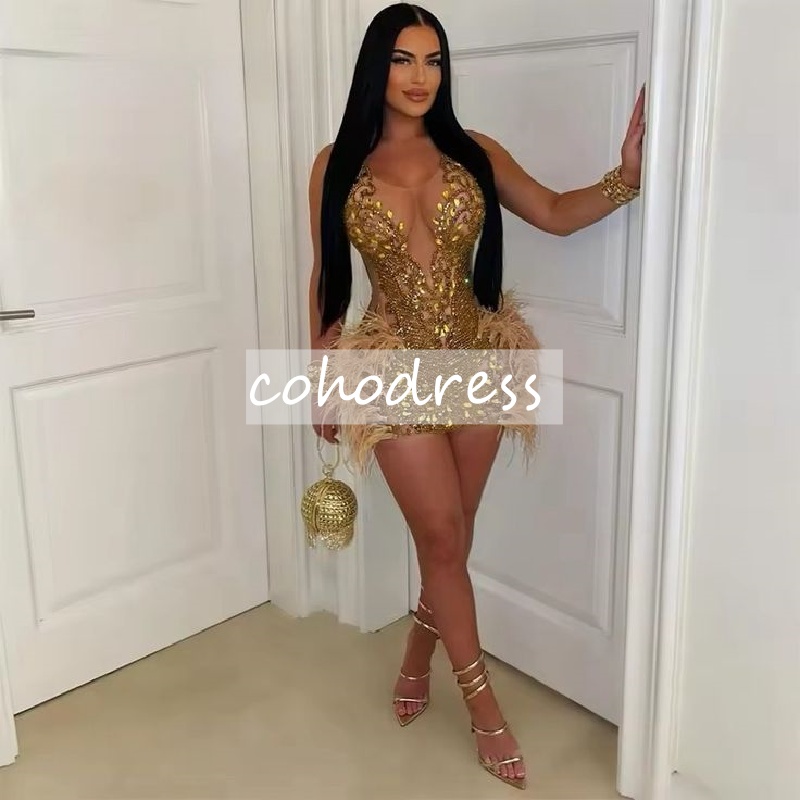Ornate Gold Prom Dress For Black Girls Luxury Crystal Mini Short Cocktail Dress Feather Birthday Party Evening Wear Bespoke Occasion Formal Dress 2025
