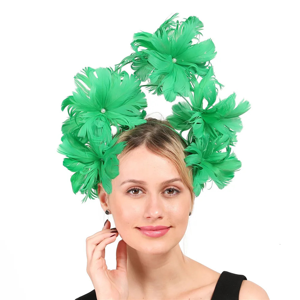 Feather Flower Headdress Vintage Horse s pearl hair with Exaggerate hat and green hair loop 250320