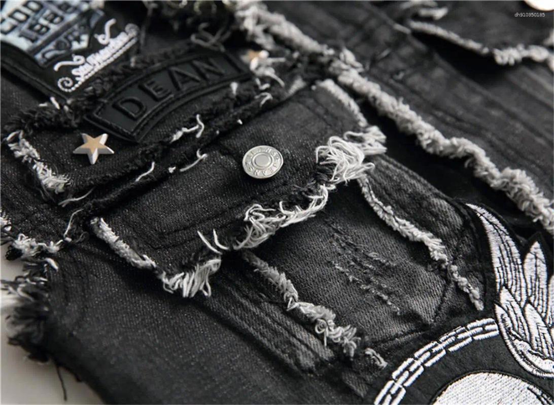 Men's Vests Stylemen's Denim Waistcoat Sleeveless Vestautumn Punk Vest Patch Embroidery Ing Skull Nailed Black Motorcy
