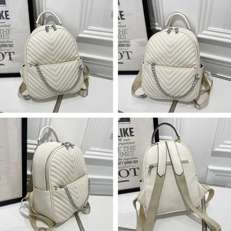 Fashion V-striped PU leather small backpack for women anti-theft travel backpack fashion chain for school bag for women elegant Knapsack 250318