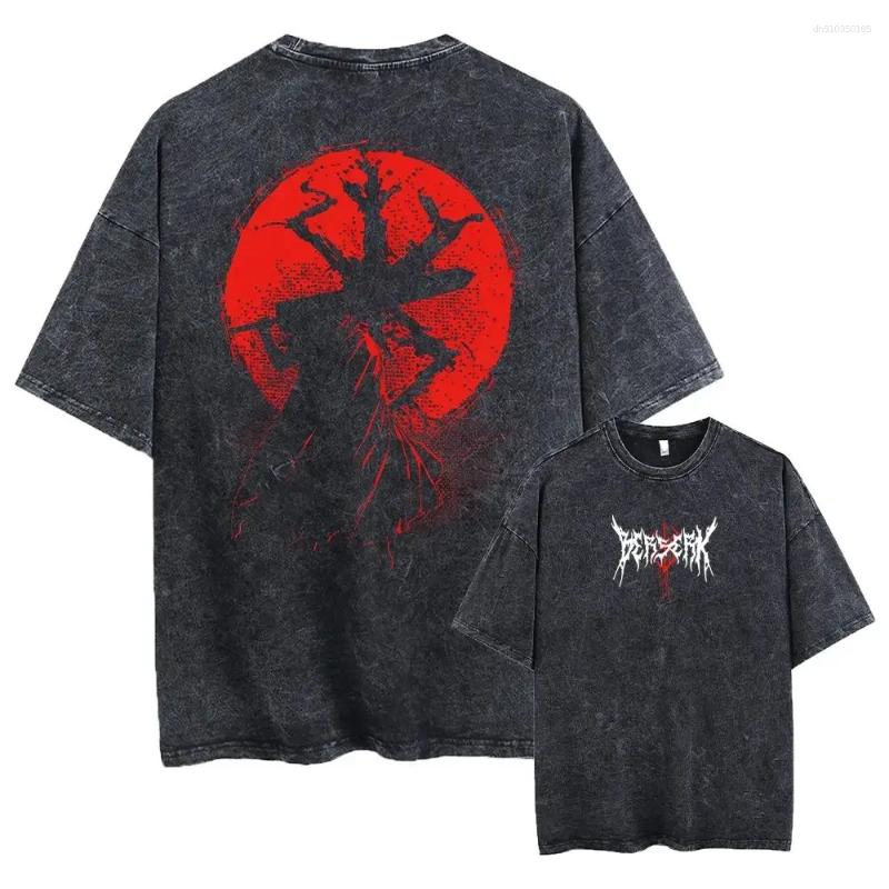 Men's T Shirts Anime Berserk Guts Acid Tshirt Retro Vintage Washed Graphic Tees Men Harajuku Cotton Casual Short Sleeve Tops Unisex