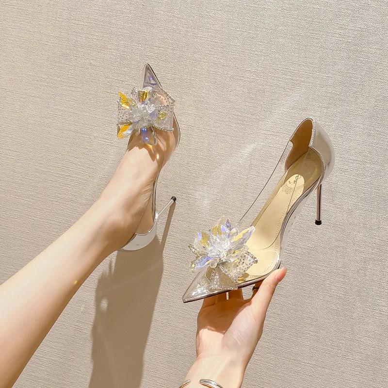 Transparent high Designer slippers heels slim sandals shallow cut low top shoes External penetration women's pointed single shoes 2025