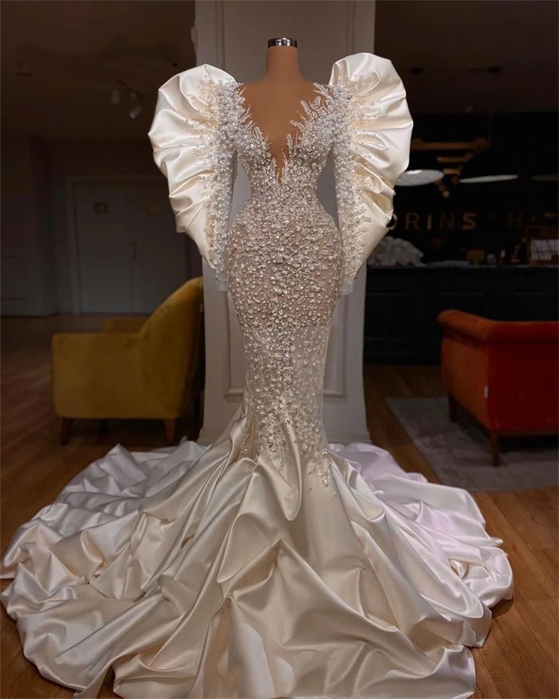 Gorgeous Mermaid Wedding Dress Sheer Neck Long Sleeves Bridal Gowns Pearls Appliques Ruffles Sweep Train Dresses Custom Made vestidos de novia