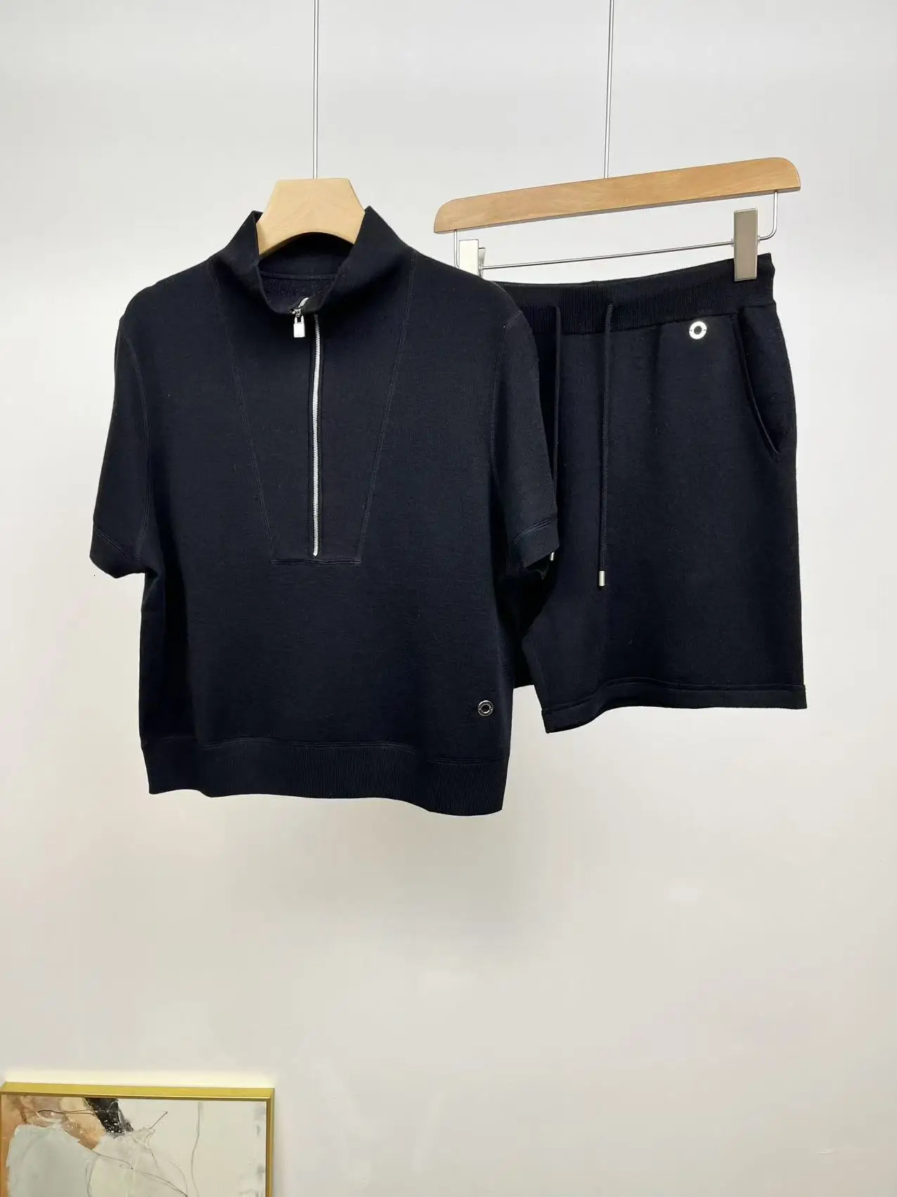 Summer Wool Knitted Sportswear Womens Stand Collar High Quality Casual TopShorts Two Piece Set 250322