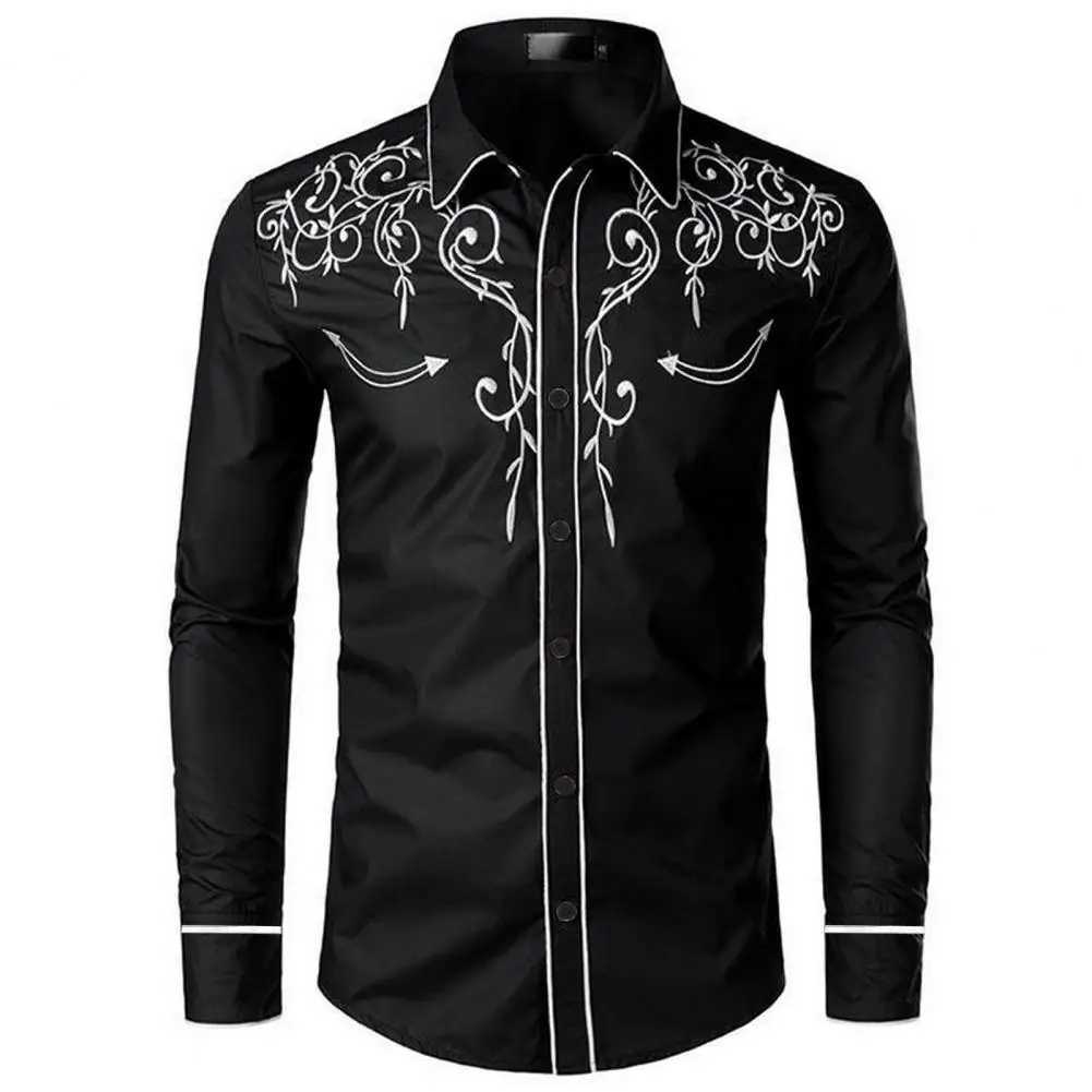 Mens Fashion Embroidered Shirt Western Cowboy Style Long Sleeve Collar Single Chest Shirt Embroidered Casual Shirt Top X250324