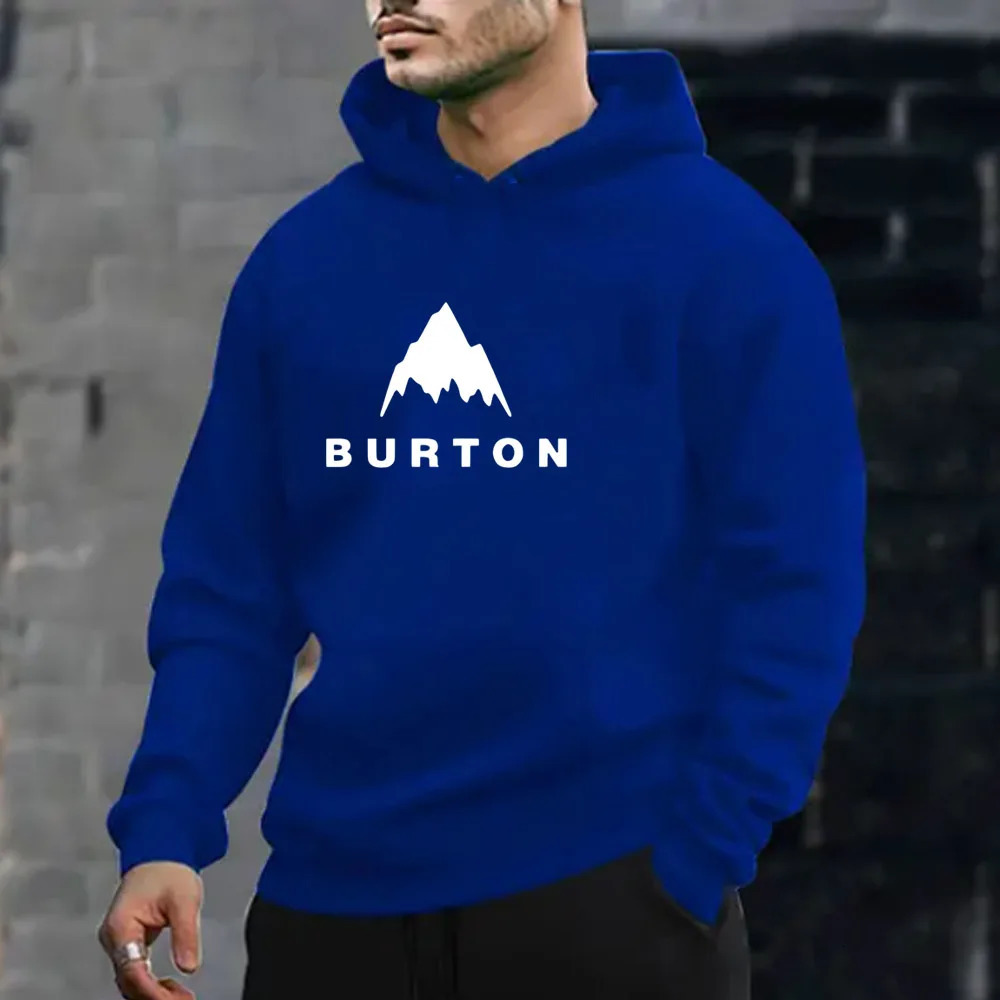 Burton Letter Mountain Shadow Printed Mens Long Sleeve Hoodie with Kangaroo Pocket and Brushed Fashion AutumnWinter Casual 250318