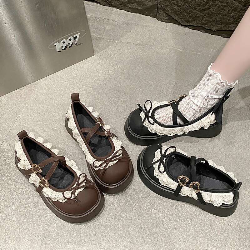 Women's round toe shallow lace cross straps, buckle, bow mid-heel fashion single outdoor Lolita, ladies Mary Jane shoes
