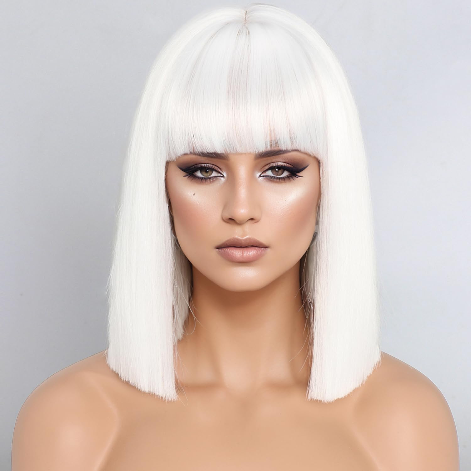 Short White Bob Wigs with Bangs,Short Straight Bob White Wigs for Women Hair Bob Cut Wig Shoulder Length Wig,Natural Looking Cosplay Daily Party Wig H