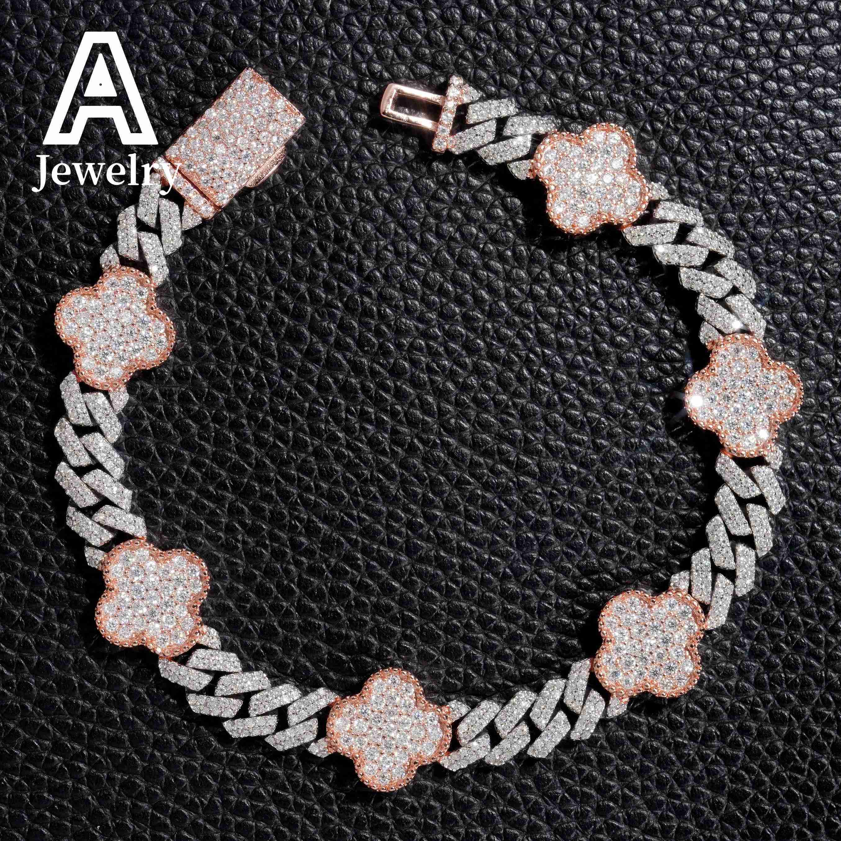 Full Iced Out Hip Hop Jewelry 8mm Moissanite Cuban Link Chains 925 Silver Four Leaf Clover Cuban Necklaces Bracelets