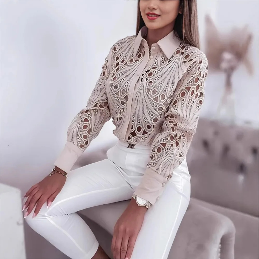 Fashion Lace Hollow Long Sleeve Shirt For Women Spring Autumn Elegant Office Lady Blouse And Tops Casual Button Shirts 250318