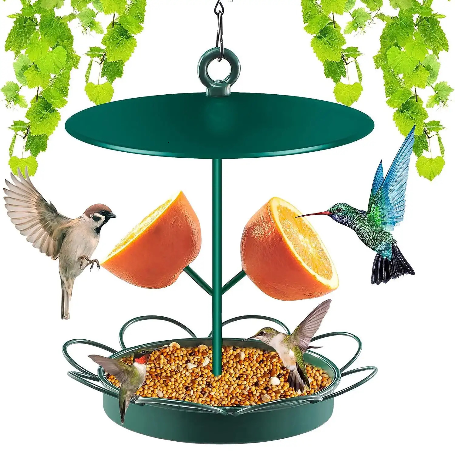 Metal Wild Bird Feeder for Outside Hanging Feeders with Hook 2LB Capacity Seed Birdfeeder Outdoors Garden Yard Green 250320