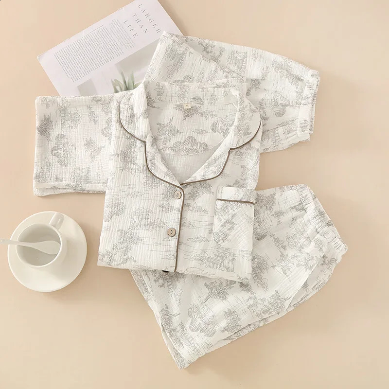 Womens pajamas summer cotton 3-piece set short sleeved topmens styleshorts home clothing thin cotton crepe ink painting set 250321