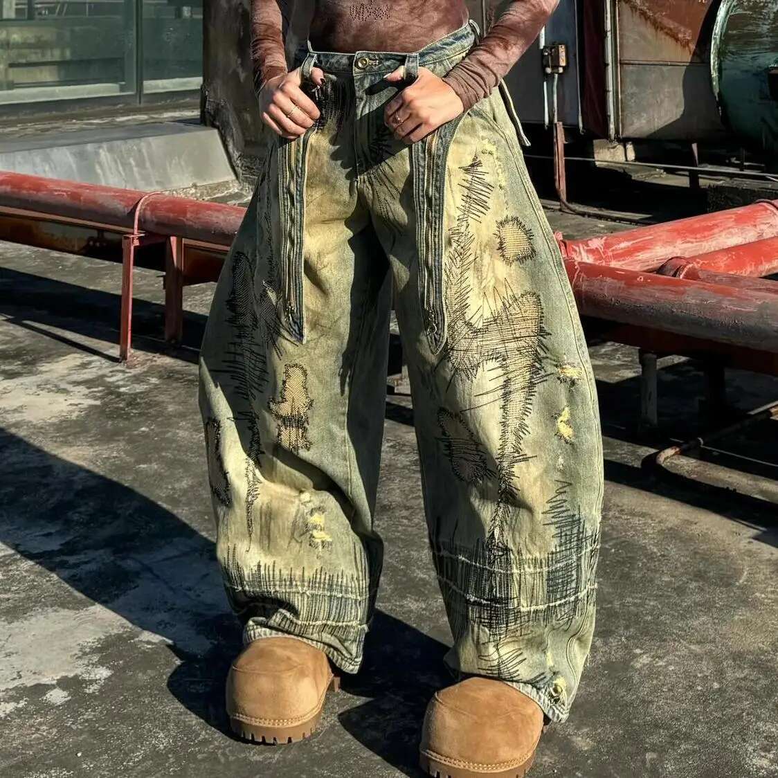 American Heavy Industry Production Jeans Large Size Washed Distressed Hete Straight Pant Haruku Street Loose Overalls