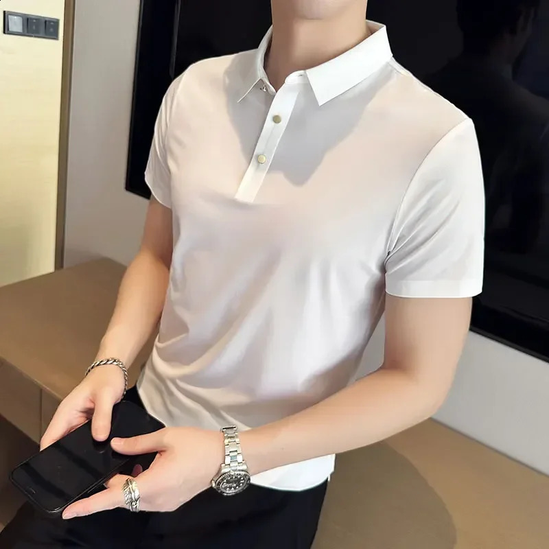 Ice Silk Traceless T-shirt Mens Business Casual Solid Color Half Sleeve High Elasticity Top Silk Smooth Breathable POLO Shirt 250322