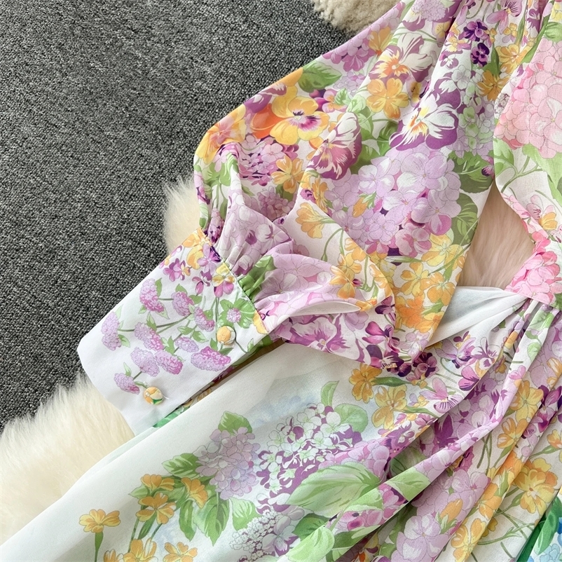Vintage Elegant Flower Print Loose Long Sleeve Maxi Dress Shirt Women Single Breasted Fashion A Line Style Midi Vestidos 250322