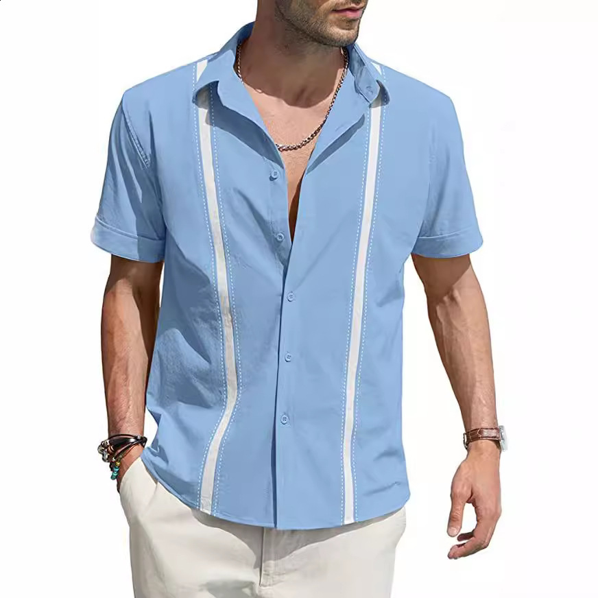 Men's Shirts Guayabera Shirts Button-Down T-Shirts Summer T-Shirts Beach Wear Navy Blue Short Sleeves Colorful Casual Daily Wear 240112