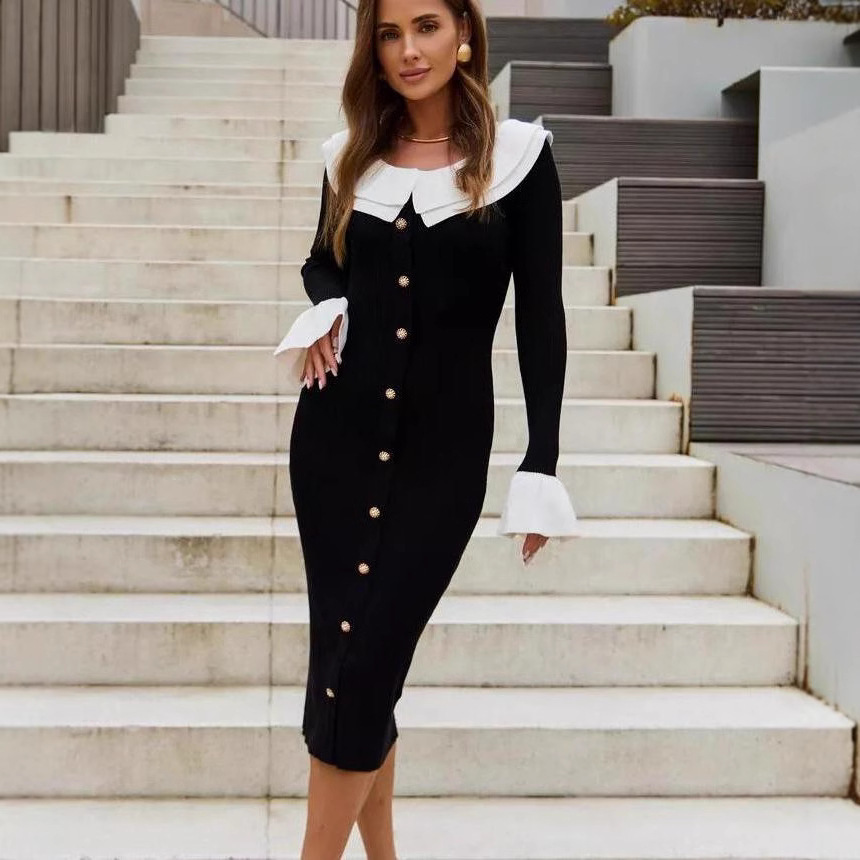 2024 Autumn/Winter New Knitted Woolen Women's Fashion Splicing Color Contrasting Tight Skirt Elegant Temperament Dress