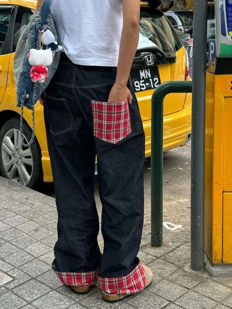 American Retro Plaid Patchwork Rolled Edge Jeans High Street Haruku Loose Wide Straight Leg Men And Women Pants