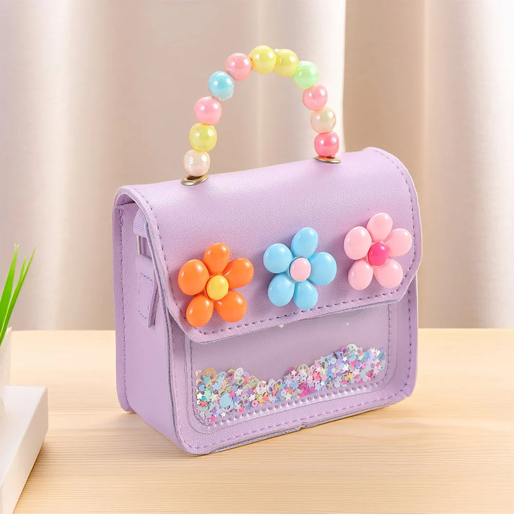 Cute Flowers Childrens Handbags Messenger Bag Sweet Girls Pearl Shiny Kids Shoulder Bag Cartoon PU Leather Crossbody Bags 250322