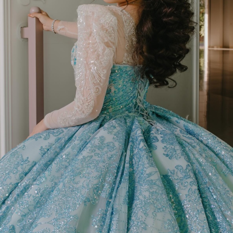 Blue Shiny Quinceanera Dresses Off The Shoulder Sequin Applique Lace Beads Tulle Long Sleeves Vestidos De 15 Anos Sweet 16 Dress