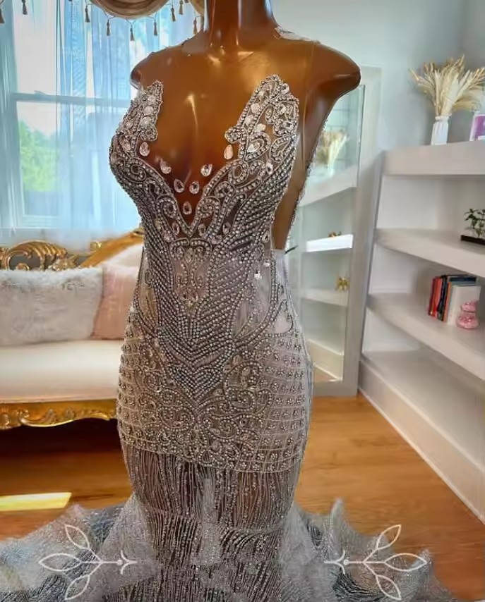 Sier African Prom Dress for Women customsized Sparkly Dia Crystal Gillter Black Girl Birthday Gown vestidos de gala