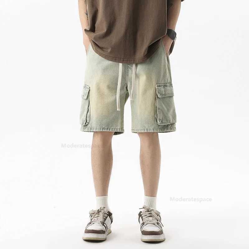 Summer Retro Fashion Denim Shorts for Men Loose Straight Leg Multi-pocket Short Jeans With Elastic Waist and Drawstring Male T250603