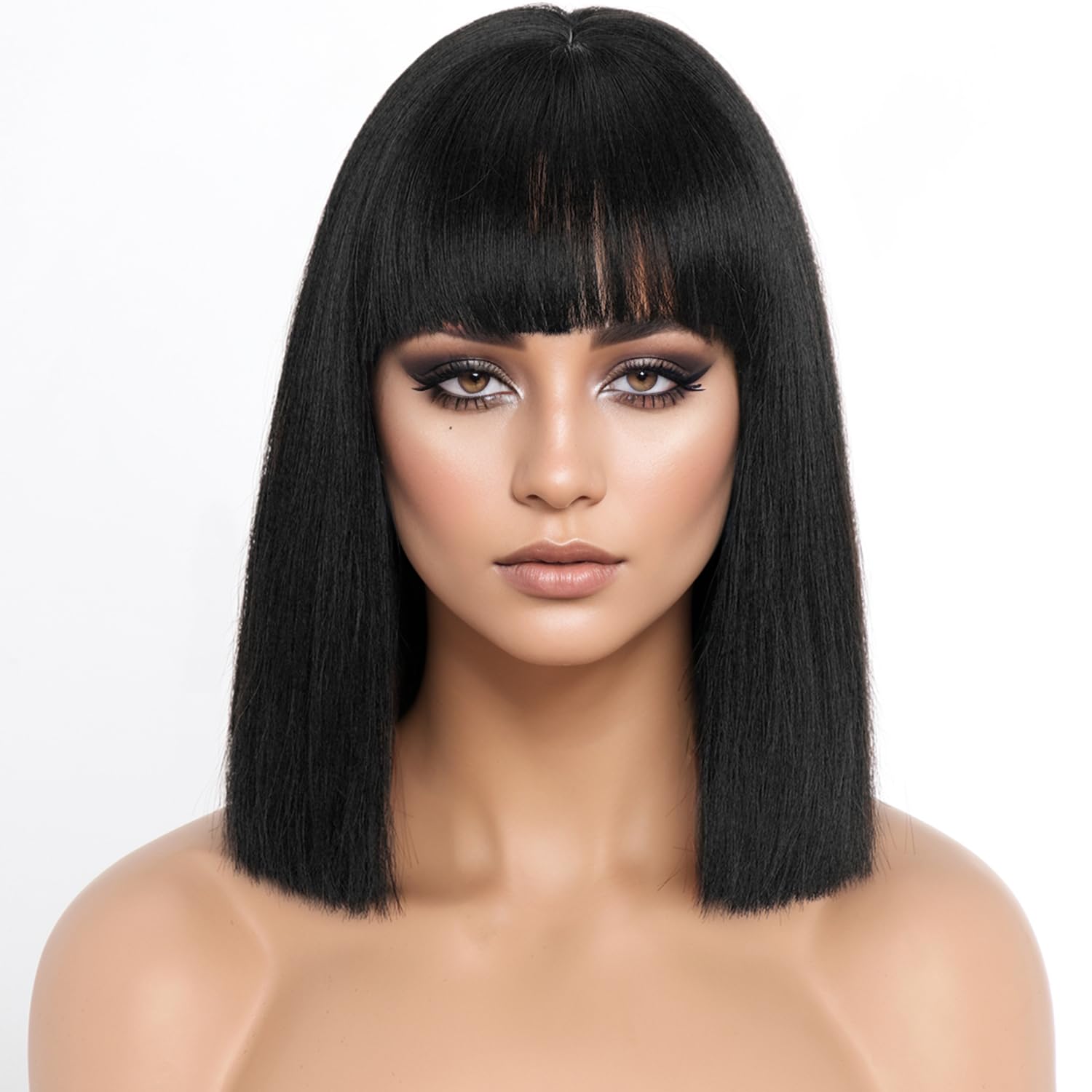 Short Black Bob Wigs with Bangs,Short Straight Bob Black Wigs for Women Hair Bob Cut Wig Shoulder Length Wig,Natural Looking Cosplay Daily Party Wig H