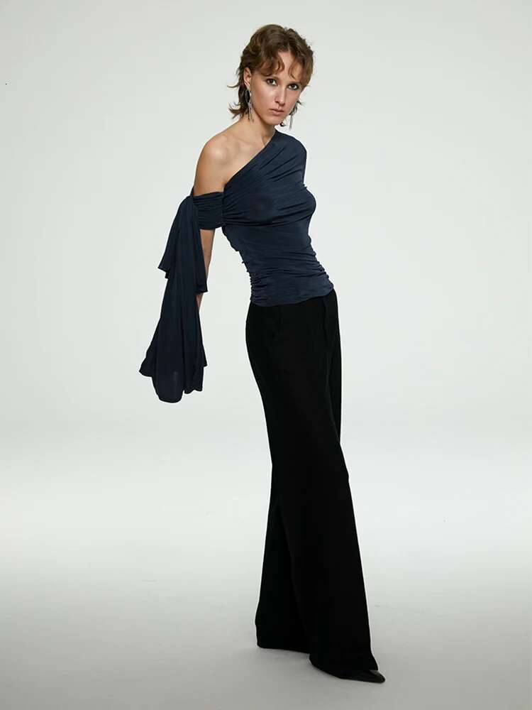 Designer Off The Shoulder Top Fall Clothes 2024 Women Long Sleeve T Shirt Dark Blue Fashion Tees Kintted Solid Tops