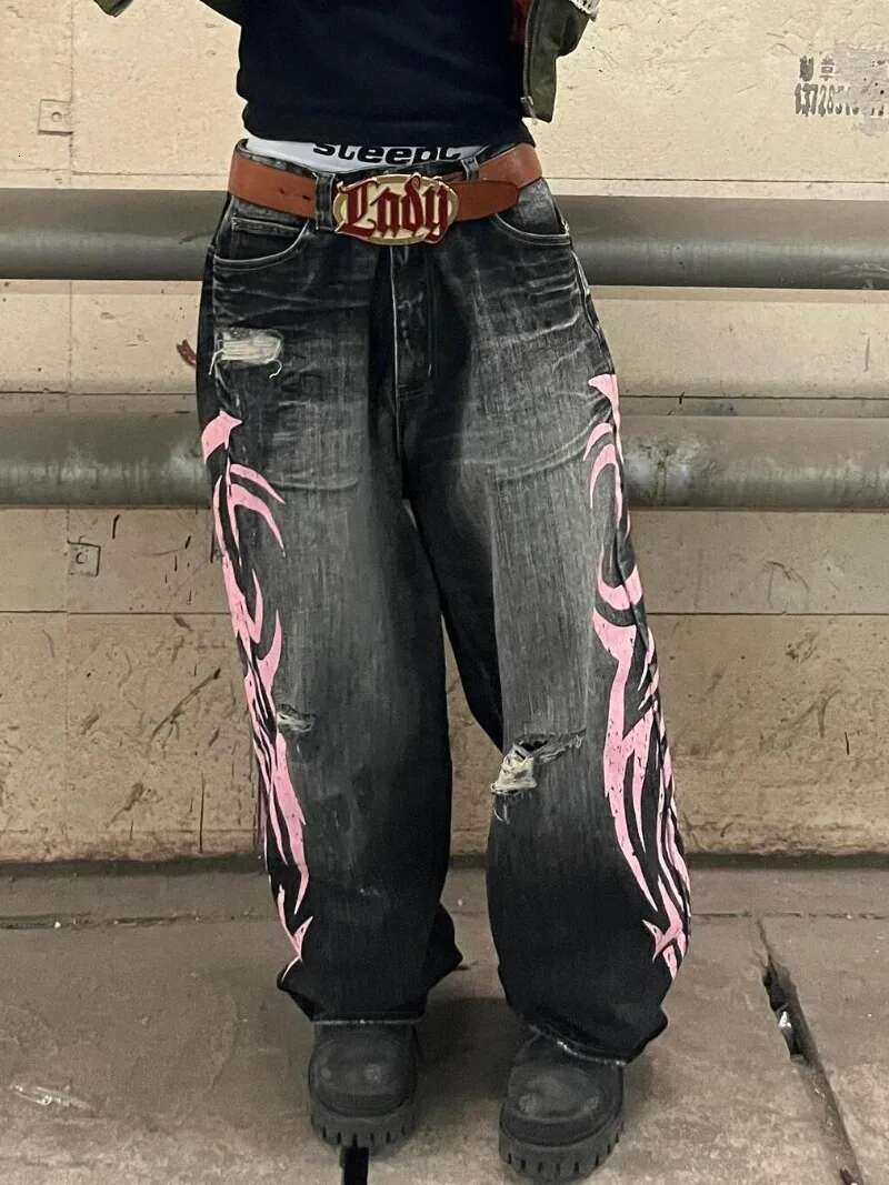 American New Fashion Vintage Plus Size Washed Blade Print Baggy Jeans Ladies Y2k Streetwear Slim High Waist Wide Leg Drop Pants
