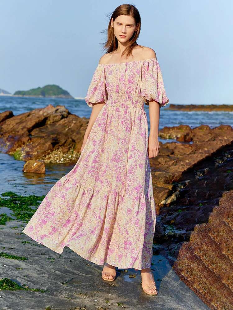 AMII Minimalism Holiday Style Dress 2023 Summer New Square Collar Slash Neck Puff Sleeves Chic A-e ral Vestidos 12352024