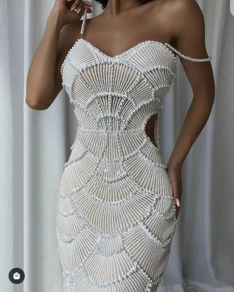 Women Sleeveless Sexy Strap Pearl Beading Sequins Bodycon Long Dress Celebrate Evening Party Birthday Outfit Vestido 250322