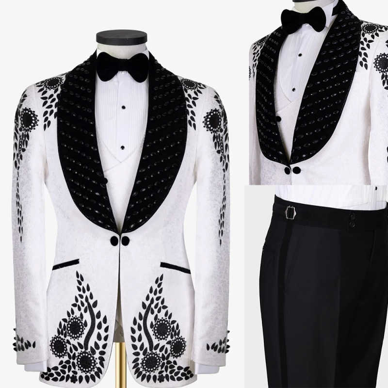 New Designer Men Suits Set 2 Piece Blazer+Pant Trousers Crystals Beaded Appliques Customized Groom Wedding Tuxedo Formal Office Prom Jacket(Coat+Pants