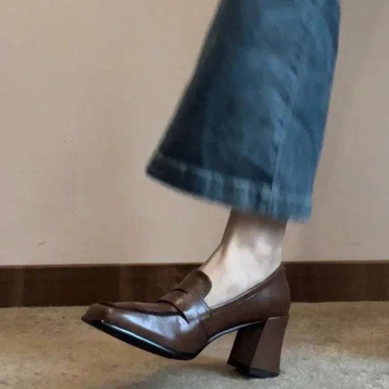 Autumn Women's High New Fashion Shallow Square Toe Chunky Heel Slip on for Women Dress Students Mary Jane Shoes