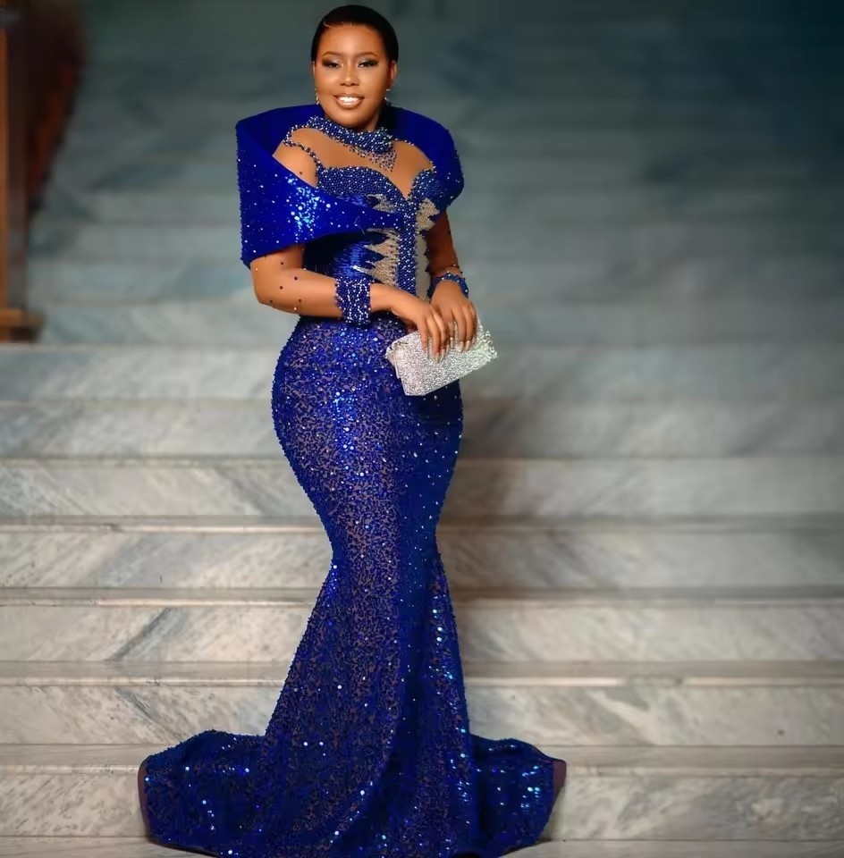 Elegant Blue Sequins Mermaid Prom Dresses 2025 Customized Evening Party Gowns Plus Size robes de soiree